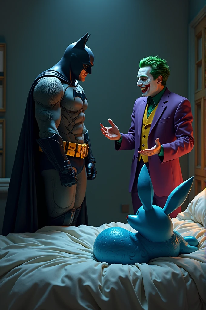 Batman SAY no too joker with a pokémon vaporeon in a bed