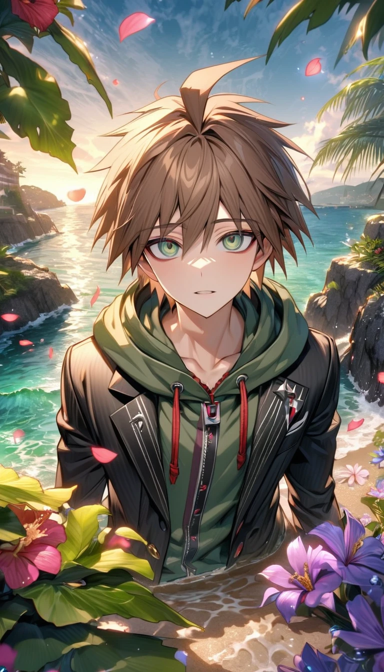 Ultra detailed, HDR, Highres, absurdres, master piece, Naegi Makoto, brown hair, expressive teal eyes, black jacket, green hoodie, Danganropa, sexy man, handsome, flowers, petals, fantasy, magical, green leaves, handsome, best quality, glittering, water, beach, solo, black pants,