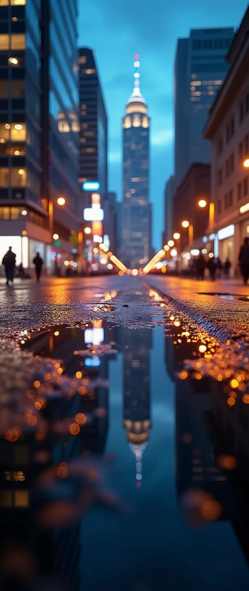 masterpiece,Highest quality,(Ultra-high definition CG Unity 8K wallpaper),(Highest quality),Physical Rendering,puddle,City view reflected on the water,Reflection of light,night,bustling street,People passing by々