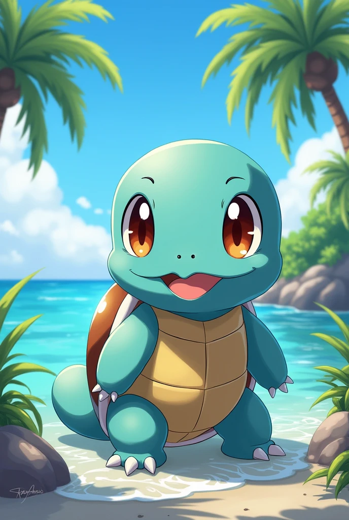 Pokémon style, brunette, squirtle, smiling, seascape, tropical, looking at viewer, sunlight, honey eyes, female, clouds