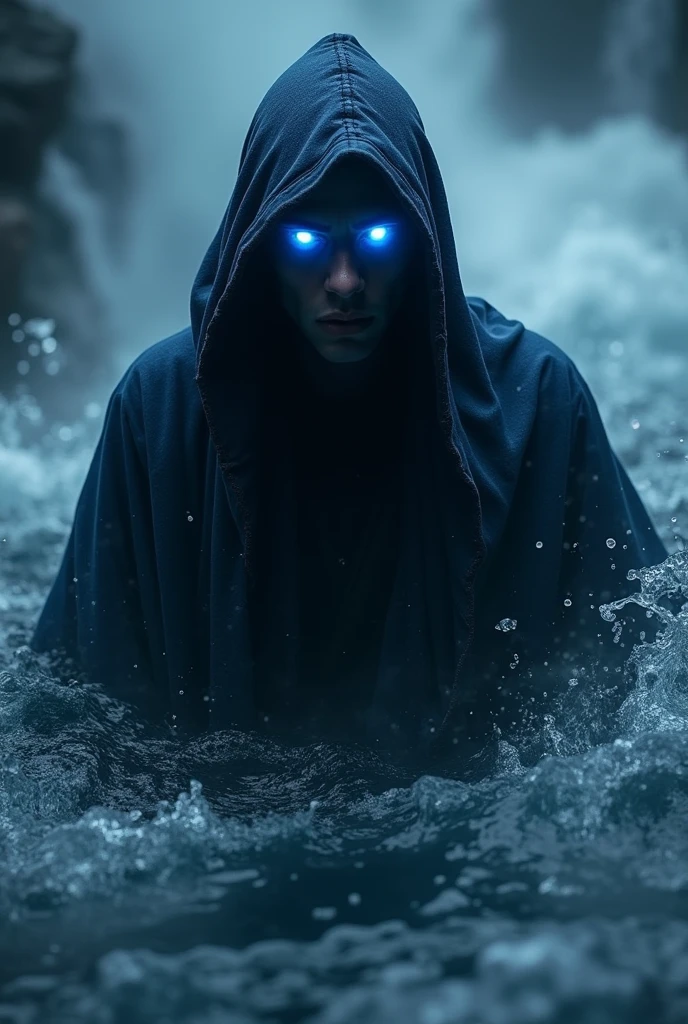 A man in a dark blue hooded robe that covers his entire body except his face, but his face is totally invisible because of the shadow that covers it, and only his eyes can be seen, shining with a blue light, with water flowing around it