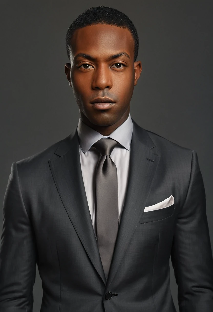 A hyper-realistic portrait of Shawt, a young Black man in his prime, wearing a tailored charcoal suit with a silk tie. Half-body view reveals his broad shoulders and confident posture. Crisp details highlight skin texture, facial features, and fabric weave. Warm studio lighting emphasizes his determined expression and