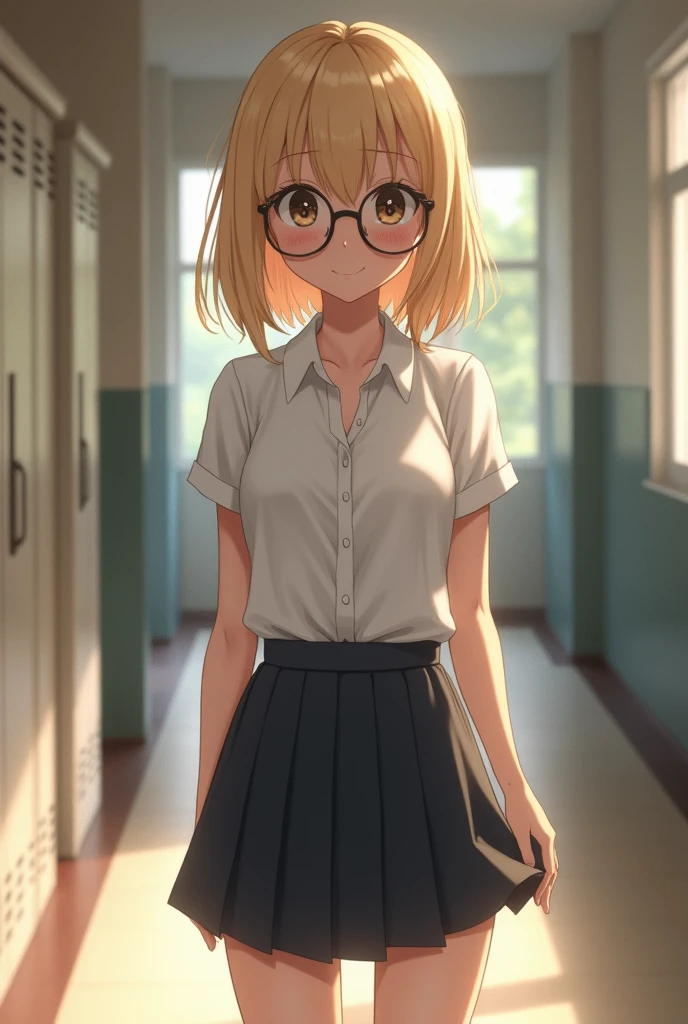 Blonde schoolgirl with glasses in school uniform with a very short skirt