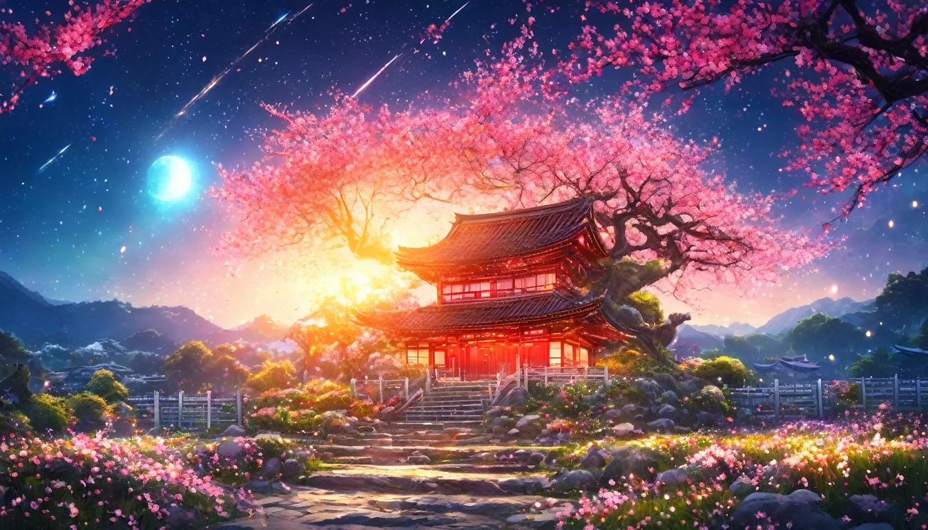 masterpiece, Concept Art, panoramic, In the center, number, Wide-angle lens, Garden, night, (meteor), space galaxy background, (Magnificent composition, Epic Proportions), Dynamic Lighting, Vibrant colors, Cherry blossoms,