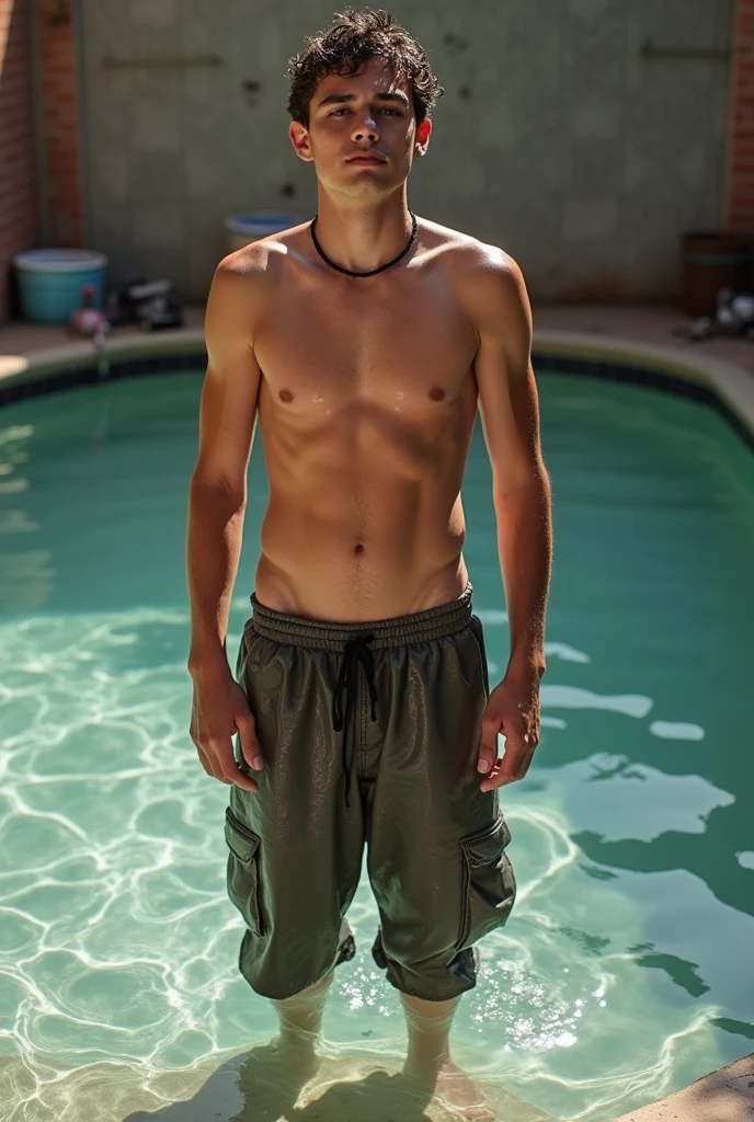 a pubescent boy getting wet/getting soaked with clothes on (chicken, pants, socks and shoes) en la ducha todo mojado y goteando en una pose comprometedora y lujuriosa con los pants mojados
