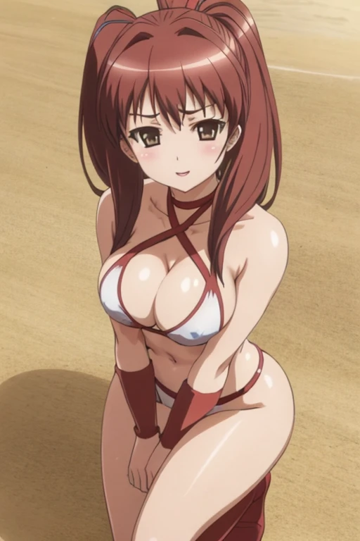 masterpiece, best quality, beautiful art, high resolution, well formed hands, body and fingers, 1 woman, solo, Chizuru Minamoto, 31 years old, full body picture, grown up, adult, large and rounded breasted, cleavage, hair ornament, wearing a Tyris Flare outfit , white_bikini, full body, sexy and skimpy bikini, gorgeous hips, legs and thighs bouncing breasts, red boots, she is doing exercise in the beach, seductive face, warming up, working out, sexy and captivating training, smiling joyfully and happily , looking at the viewer, , sweating , bouncing breasts, training montage session, beach environment