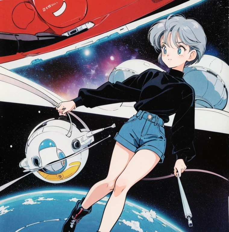 ((a cute girl)),gray hair,medium　short hair,black sweater,full body,flat fill,analogue,1990s,comic,simpleなラインアート,retro anime,many colorful stars,night,space,mysterious、no gravity,takahashi rumiko,simple