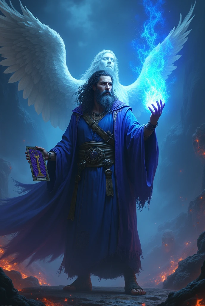 A young bearded man with a tarot card dressed in blue and purple, Facing and defeating demons and dark beings. He stands with his right hand raised forward with a blue fire of light. There is an angel protecting him behind him.