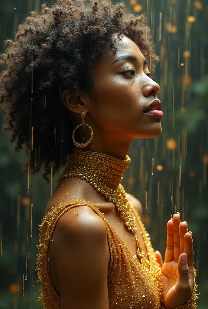 I am the rain that sees the most beautiful woman and touches her all over her body of different races giving her hope and faith , The message I want to give is that there is hope, we just have to look for it., very royal style, detailed 24k unique piece uses the triangles of composition details of his whole body details in his hands illumination of hope and nostalgia climate of colors of humility