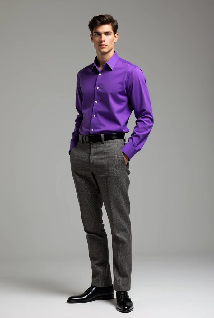 Draw a man with a purple shirt that has a double cufflink.,  and the young man, with small plaid pants and black shoes
