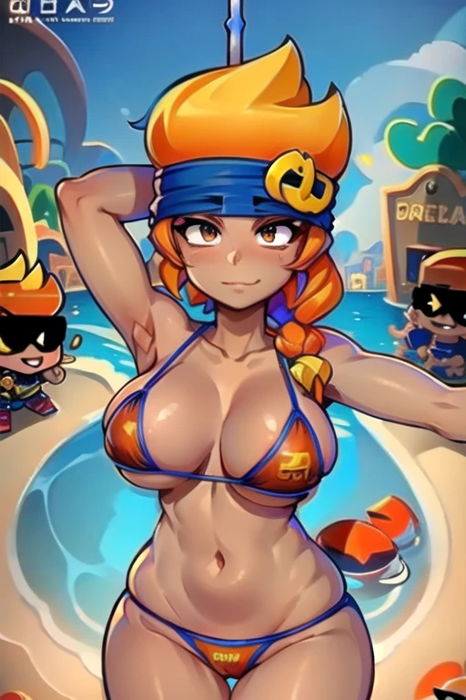 Amber. brawl stars. Mexico town. Red bikini. Orange hair. Braided. Dark skin. dark-skinned. Head band. big  