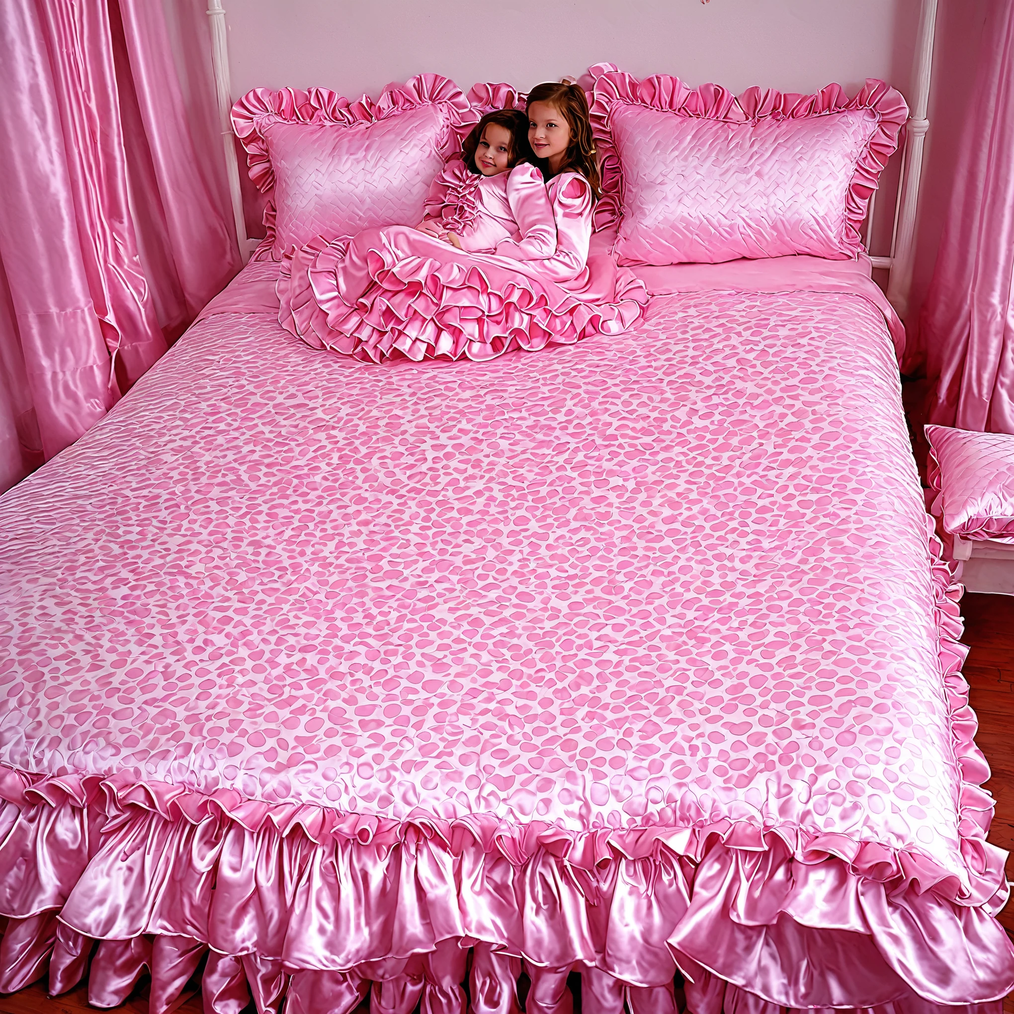 A sissy girl , a plump quilted silk satin nightgown, long sleeves,frilled sleeves,children's mittens without fingers, a bed with a mountain of silk satin pillows,sissy canopy bed,king size bed,more big bed,lot of frilled pink pillows,more pillows, A plump qulited silk satin pink devet,ruffles lace silk.retro white pipe bed frame, A large silk satin ruffled duvet covers the entire bed, 