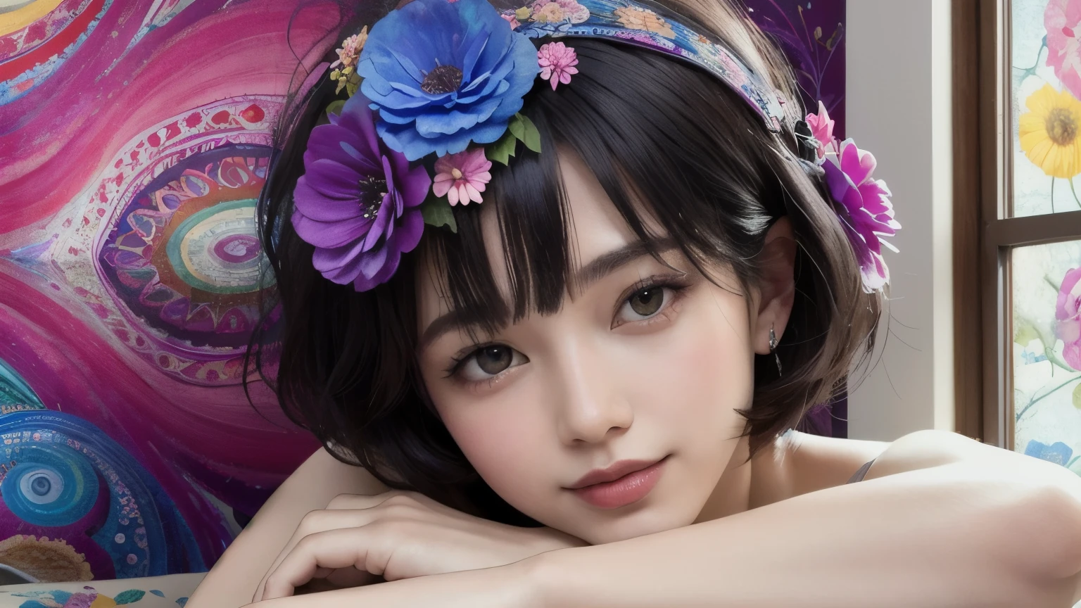 271 (20-year-old woman,short hair), (masterpiece, Highest quality, beautiful:1.2), Very detailed, (Fractal Art:1.1), (colorful:1.1), (flower:1.3), whole body, (Abstract background:1.3), (Many colors:1.4), (Old-fashioned smile), (window)