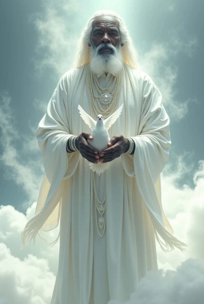 Orisha Black Man, elder, white bearded, Walking on clouds, White tunic, white necklaces, holding a white dove in his hand
