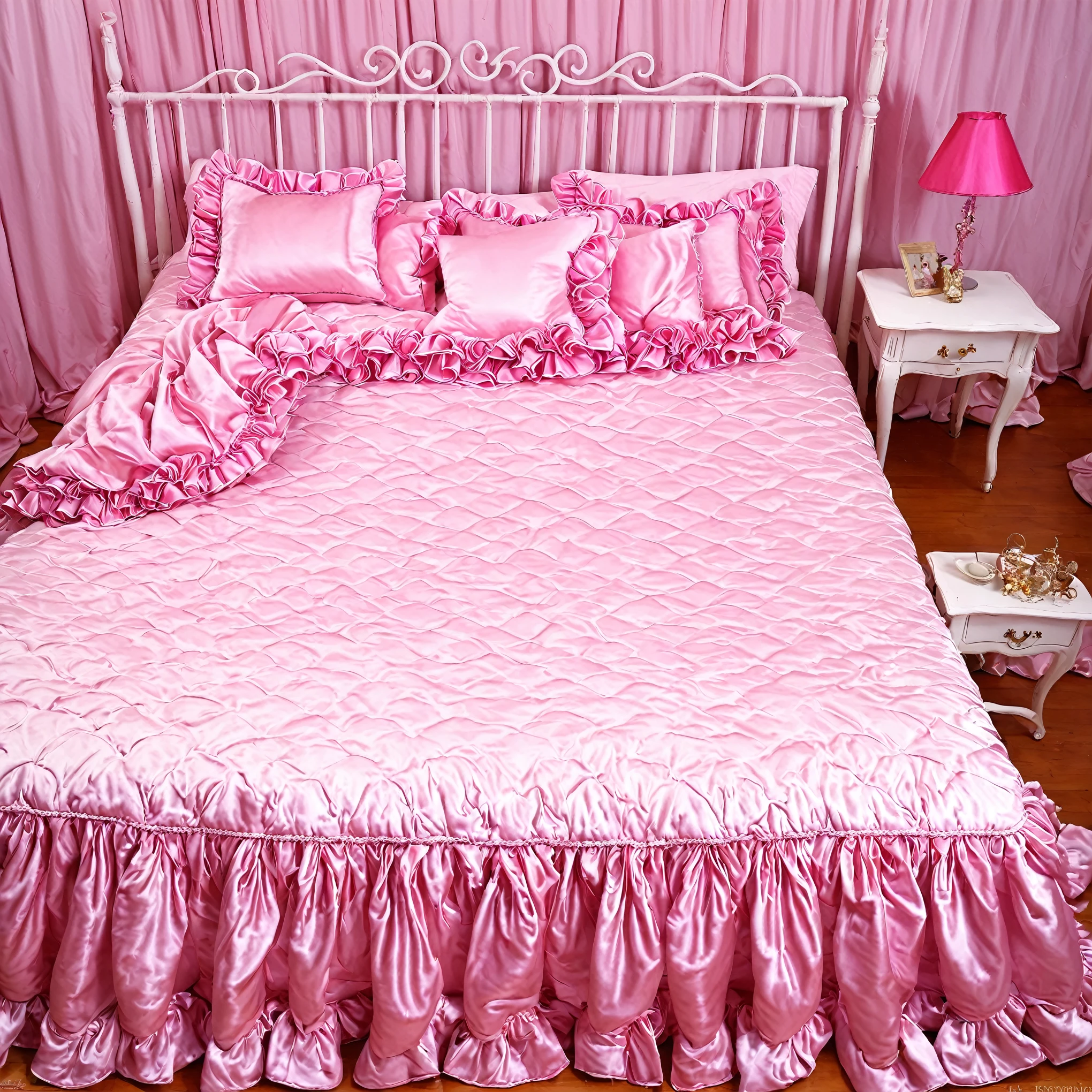 A sissy girl of 12 years old, a plump quilted silk satin nightgown, long sleeves,frilled sleeves,children's mittens without fingers, a bed with a mountain of silk satin pillows,sissy canopy bed,king size bed,more big bed,lot of frilled pink pillows,more pillows, A plump qulited silk satin pink devet,ruffles lace silk.retro white pipe bed frame, A large silk satin ruffled duvet covers the entire bed, 