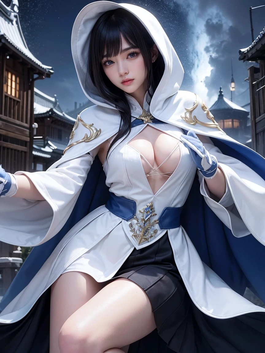 South korea women mystery hooded on with modern royal Blue coat with buttons and royal Blue cape and very high white heel over the knee and white gloves, As she reveals a small secret hidden blade, adding to the character’s mysterious and agile appearance, with small movements of air on the cape, in summer at night under the rain, with buildings featuring curved eaves and detailed architecture. The scene is set at night, she slit a person's throat , intricate detail, ultra detail, incredible detail, intricate detail, extremely detailed and intricate, super max, masterpiece, best quality, HDR, UHD, unreal engine. , beautiful face, Rich in details High quality, gorgeous, captivating, 8k, super detailed, stunning shadows, detailed lines