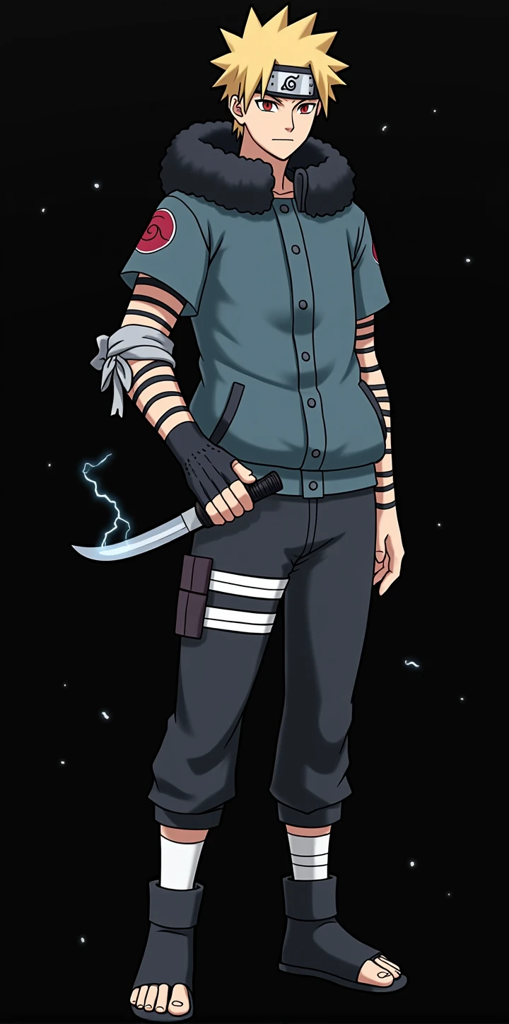 Whole body, masculine, Naruto Style, short blonde hair, blue jacket, black bandages on his arms, attractive, brown slanted eyes, hood with black polar fur, bandana tied on bicep, kunai in hand, lightning coming out of his hand, anime, 4k, White background