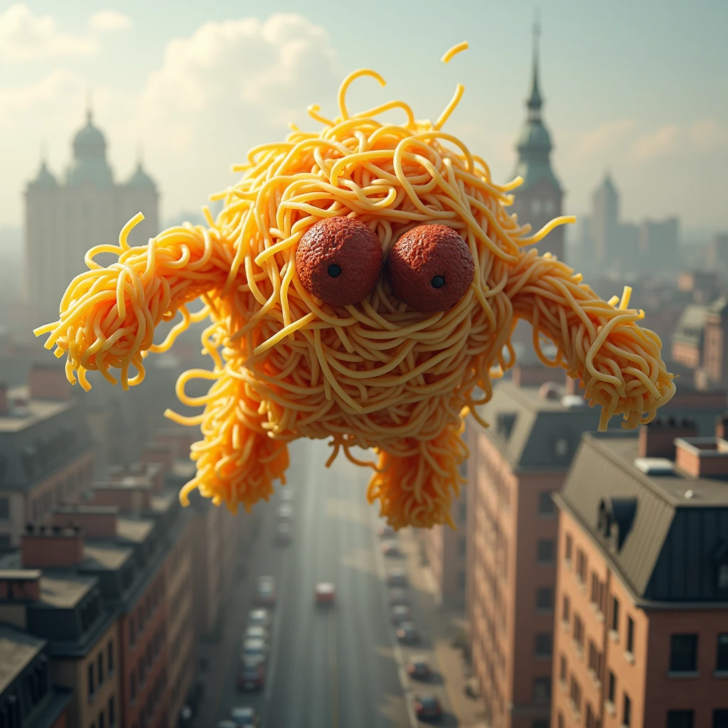 realistic photograph of a monster made entirely of spaghetti flying over the buildings of a city, the monster has two meatballs as eyes and two spaghetti appendages as arms, highly detailed photograph, very high resolution, master piece, masterpiece,