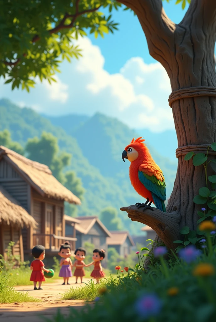 In cenimatic 3d cartoon style"Create a vibrant and detailed illustration set in a small, picturesque village surrounded by lush greenery. In the foreground, show a colorful bird named 'Rangi' perched on a large, sturdy tree. Rangi's feathers should be bright and multi-colored, reflecting a mix of reds, blues, greens, and yellows. The village houses are quaint and traditional, with thatched roofs, some of which show slight damage from a recent storm. The scene should depict a calm after the storm, with soft sunlight breaking through the clouds. The villagers, depicted in traditional Nepali attire, look up with gratitude and admiration at Rangi, who appears proud and resilient. The atmosphere should be serene, symbolizing hope and the return of peace after adversity."