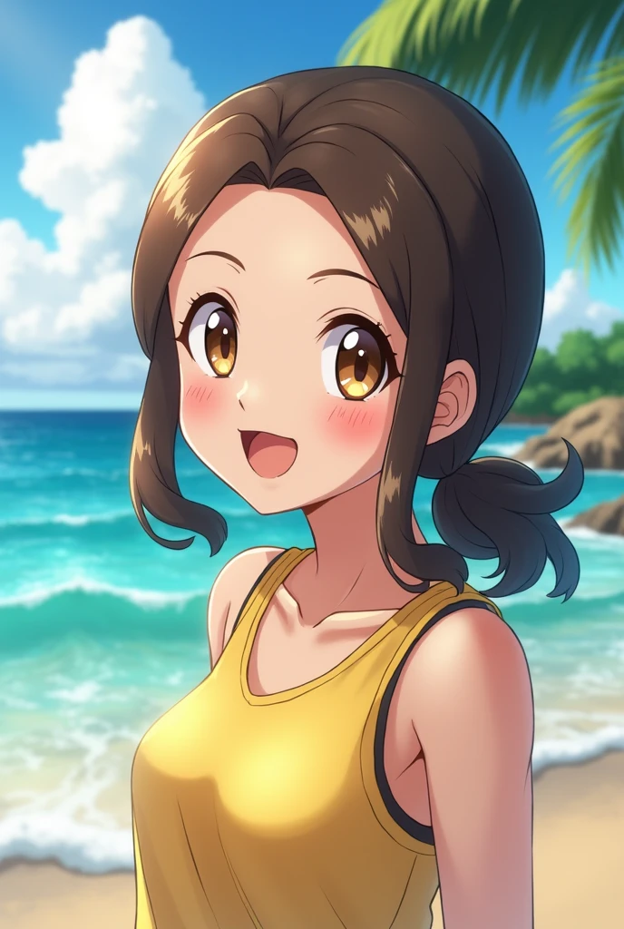 Pokemon style, brunette, smiling, seascape, tropical, looking at viewer, sunlight, honey eyes, female, clouds