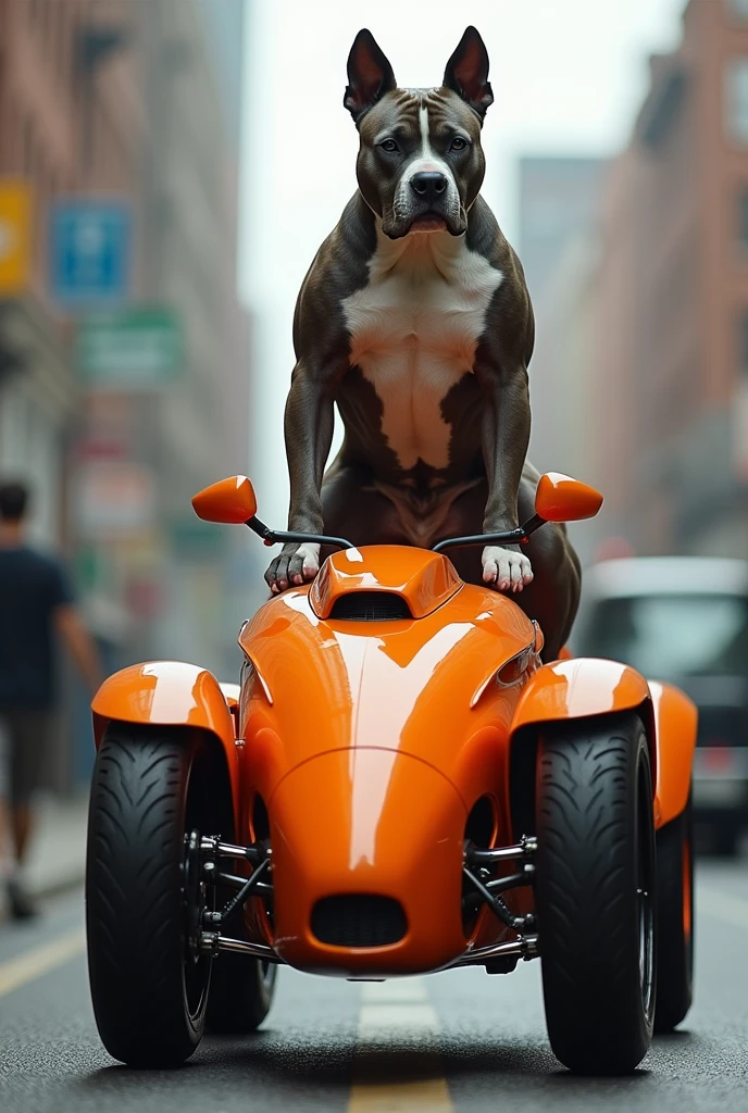 A tricolor pitbull of gray, white and black, riding an orange 3 wheel drift trike with pvc wheels