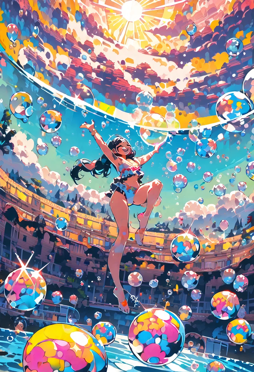 Popart Style, (Highest quality, masterpiece, Ultra-high resolution, Very detailed:1.2) , Girls,A girl enjoying life,Swimwear,Pool,floating,Fantasy Landscape,very happy,smile,Splash effect,whole body,(bubble:1.2),(Shine:1.2),Life is good,