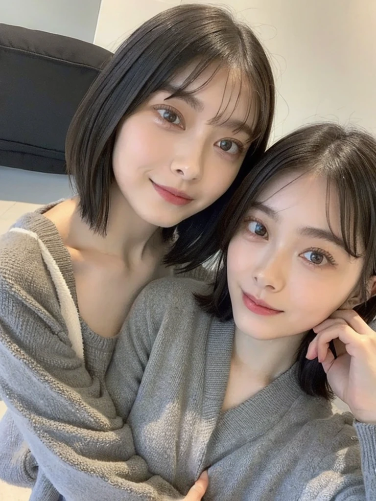(masterpiece:1.3), (8k, Photoreal, Raw photo, best image quality: 1.4), Japanese high school girl、(random hairstyle:1.2)、cleavage:1.5、super detail face、eye for details、double eyelid、chest to chest、sharp focus:1.2、Beautiful woman:1.4、light brown hair、highest quality、masterpiece、超A high resolution、(Photoreal:1.4)、Highly detailed and professionally lit smiles、loose and light knitwear、shoulder out、thin、serious expression、short haired、deadly position
similar identical twins
All the girls have the exact same face, The two have the same face and figure, as if they were mirror images.