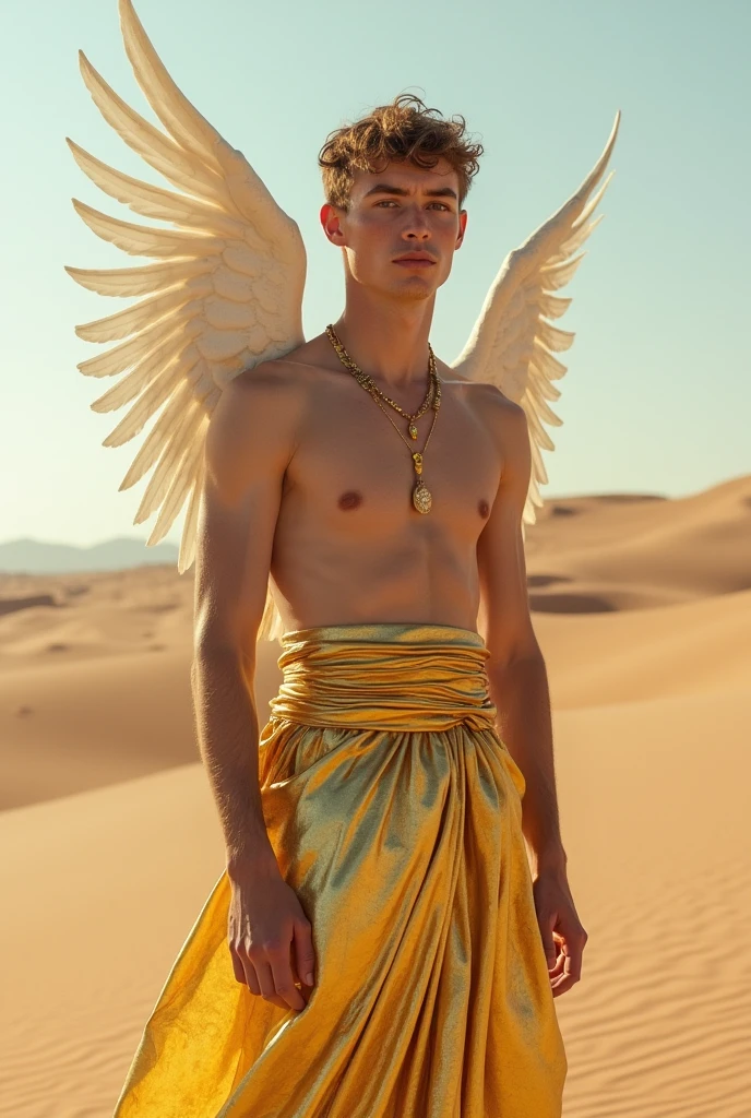 A young cute handsome beautiful face white skinny shirtless naked man stands in a desert wearing a shiny golden dress like a winged prince on a camel 