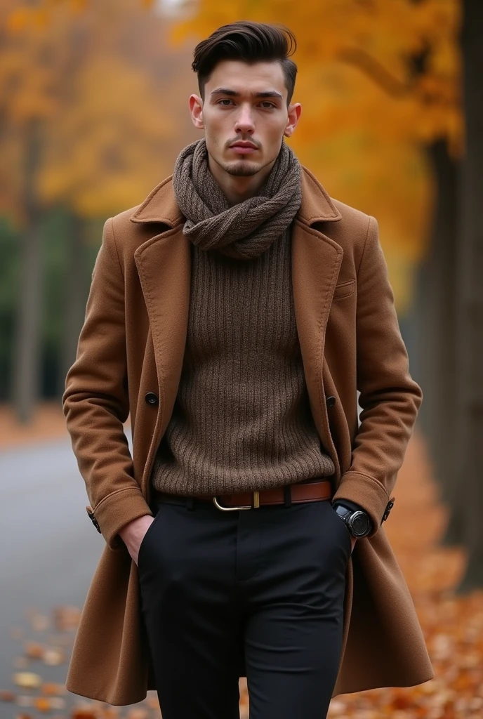 Make an outfit fit for skinny infj guy fashion style the guy is 5'5 tall and with the weight of 48kg his face heart face shape with an inverted traingle body and also since he's season is deep autumn make the outfit fit for the color with he's season palette also with the hairstyle of two block