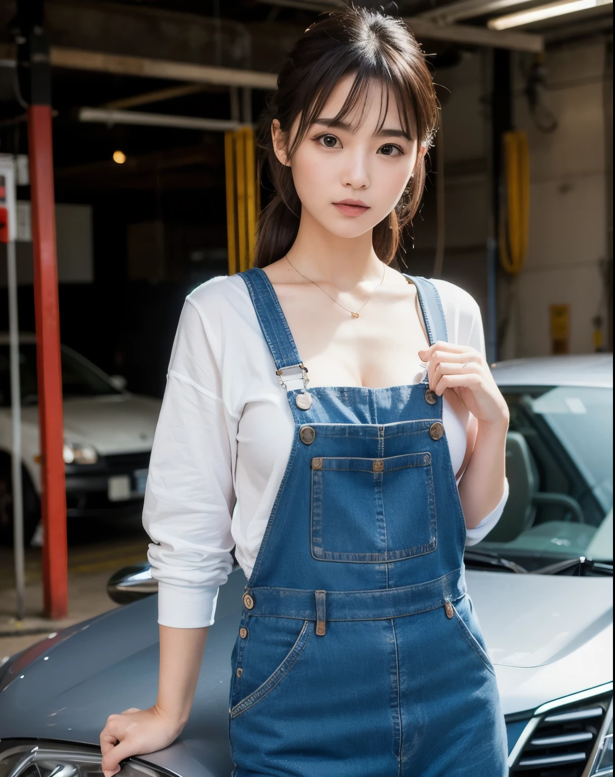 You are a professional photographer。masterpiece、8K、Highest quality, Soft Light, Ultra-high resolution, (Realistic:1.4), RAW Photos,24 years old Japanese girl, alone, cute, (pupil, Light in your eyes), Beautiful face in every detail, (Small box),(High resolution detail of human skin texture),Cleavage Auto Repair Shop、mechanic、Work Style、Wear tight overalls、Wear long-sleeved work clothes、Roll up your sleeves、Car maintenance、Accurate background、Service1Stand in front of a vehicle
、(Portraiture)