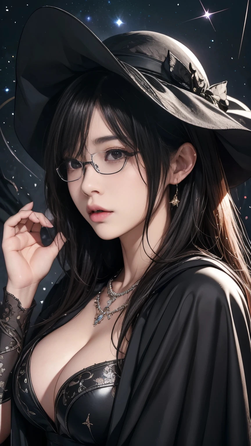 (最高qualityのディテール)、Realistic、8K Ultra HD、High resolution、(One Girl:1.2),(Glasses、Fatal Beauty,Attractive beauty) ,(A supple and powerful physique),(Sensual charm),(Mysterious charm:1.1),(Big Breasts、Captivating silhouette),The 超detailedな、高qualityのテクスチャ、複雑なdetailed、detailed、非常にdetailedなCG、高qualityの影、detailed 美しく繊細な顔、detailed 美しく繊細な目、Written boundary depth、Ray Tracing、20th Generation、Cute K-Pop Girls、(The Face of Ulzan in Korea)、Thin face、(Urzan-6500-v1.1:0.6)、PurerosFace_v1、Glowing Eyes、Perfect body、 Viewer Display、(最高qualityのディテール:1.2)、Realistic、8K Ultra HD、High resolution、Woman close up， realistic girl rendering, 8k artistic german bokeh, Enchanting girl, Real Girls, Gurwitz, Gurwitz-style artwork, Girl Roleplay, Realistic 3D style, cgstation Popular Topics,, 8K Portrait Rendering,（truth，truth：1.4），(Sparkling eyes girl:1.2)、Best image quality, 最高quality, Realistic, 超detailedな, Realistic, 4K 8K Ultra HD Full Color RAW Photos, Fujifilm(Medium format), Hasselblad, Carl Zeiss, Incredible dynamic range photography(utility_art：Smooth-768:1.1),High resolution, High pixel count, 明確なdetailed, Clear images, Natural color reproduction, Noise Reduction, High fidelity, quality, Software Improvements, Upscaling, Optimized Algorithms, Professional-level retouching, ,((((Glasses))))、((((big sapphire necklace)))),(dark,Threatening:1.1),((dark horror theme:1.5),(Thriller:1.5)),(Dark fantasy:1.5),  (((Countless stars fly away:1.5),(Absurd:1.5),(wonderful:1.5))),Woman in a dress, (Powerful numbers:1.1),(((Big Breasts))),(((Muscular:1.1))),  Body,( Very lean body:1.6), pose,  (beautiful: 1.7), (Black Hat: 1.6), (An intricately decorated jet-black cloak: 1.6), (Delicately decorated cloak, Despite the damage: 1.5),  (Shining Eyes:1.6)、(Glowing Eyes:1.1),(hellish landscape:1.1),(fire,sulfur:1.1),(Threatening atmosphere:1.1),(dark shadows,Threatening presence:1.1),(Unlucky Clouds,Stormy Skies:1.1),(dark,Spooky atmosphere:1.1), (Aura of misfortune,Evil energy:1.1),(dark aura,cigarette:1.1),(Extreme heat,Burning Flames:1.1),(Nightmare Visions:1.1),(Predicting the end:1.1),(Whispers of misfortune,Devilish Laugh:1.1),(Cry of pain,echoing screams:1.1), (Bad luck symbol,Ancient runes:1.1),(Mysterious Relic,dark artifacts:1.1),(Infernal Ritual,Ritual sacrifice:1.1),(The Devil's Minions,creatures of darkness:1.1),(Desolate wilderness:1.1),(University of the Soul,Suffering Soul:1.1),(Eternal Ruin,A hopeless existence:1.1), Inspired by abandoned mech backgrounds. Art created by Craig Mullins, 