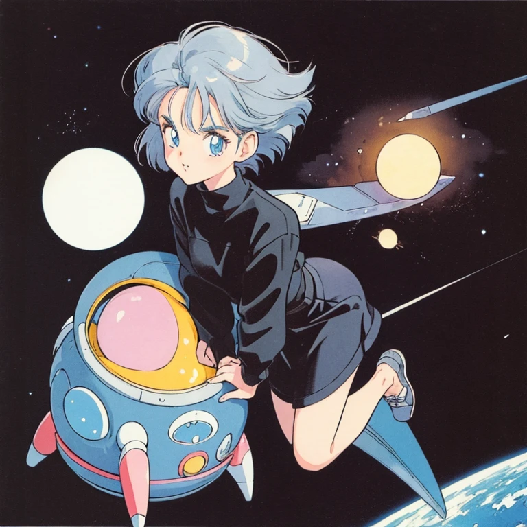 ((a cute girl)),gray hair,medium　short hair,black sweater,full body,flat fill,analogue,1990s,comic,simpleなラインアート,retro anime,many colorful stars,night,space,mysterious、no gravity,takahashi rumiko,simple、Very cute design