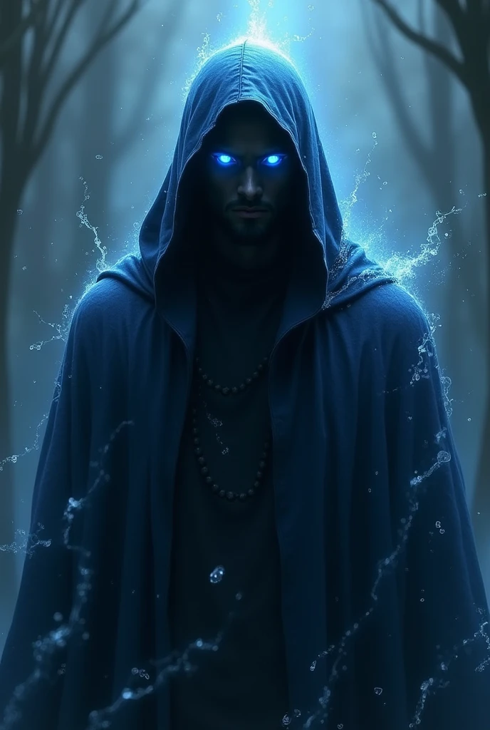 A man in a dark blue hooded robe that covers his entire body except his face, but his face is totally invisible because of the shadow that covers it, and only his eyes can be seen, shining with a blue light, with streams of water flowing around it