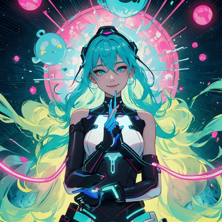 "In a vibrant neon-lit room filled with intricate details, a human and a sleek, futuristic AI work together to create music. The human, a smiling man, is smoking a cigarette while adjusting sound controls with a relaxed expression. The AI, an advanced robotic entity with glowing circuits, plays an electric instrument with precision. In the center of the scene, a happy and shy girl raises her arm, radiating joy. The environment is filled with very fine bubble streams and gently moving chains, giving the scene a dynamic yet harmonious feel. The entire composition is in a neon pop abstract art style, with vibrant colors and intricate patterns. The image should be highly detailed, with a very fine grain texture, resembling a masterpiece in 4K resolution."