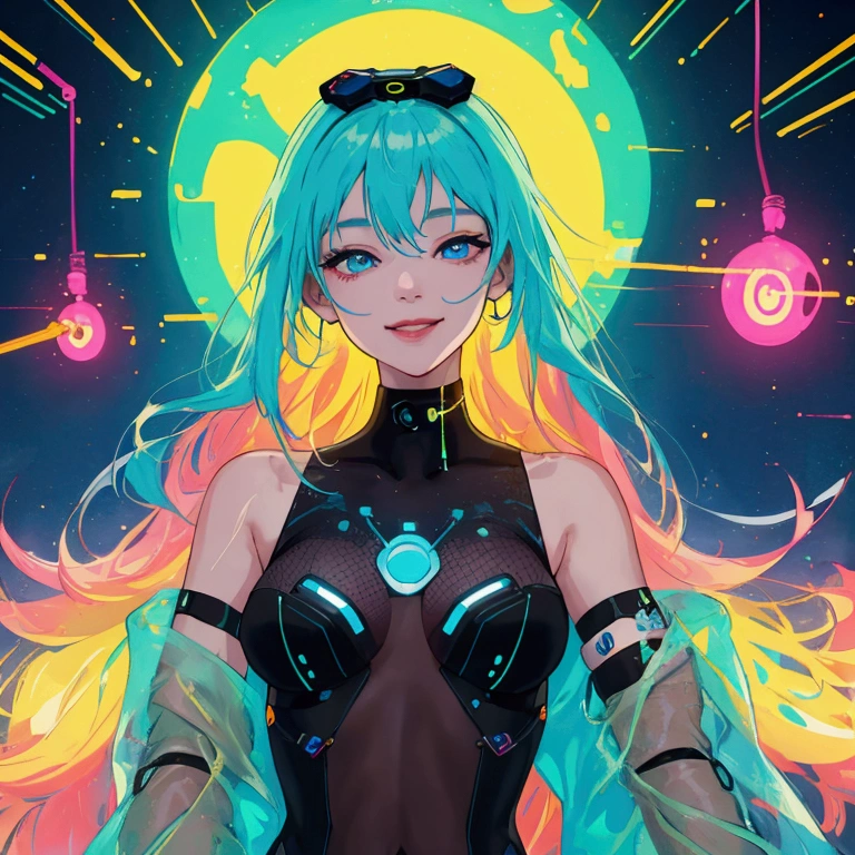 "In a vibrant neon-lit room filled with intricate details, a human and a sleek, futuristic AI work together to create music. The human, a smiling man, is smoking a cigarette while adjusting sound controls with a relaxed expression. The AI, an advanced robotic entity with glowing circuits, plays an electric instrument with precision. In the center of the scene, a happy and shy girl raises her arm, radiating joy. The environment is filled with very fine bubble streams and gently moving chains, giving the scene a dynamic yet harmonious feel. The entire composition is in a neon pop abstract art style, with vibrant colors and intricate patterns. The image should be highly detailed, with a very fine grain texture, resembling a masterpiece in 4K resolution."