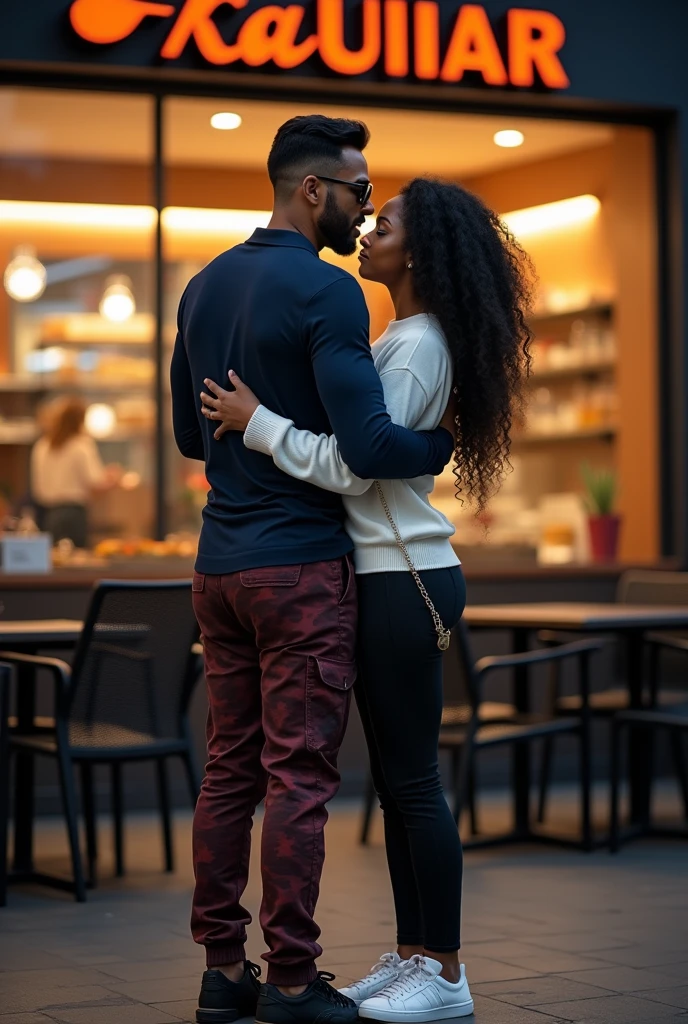 A slightly brown white man with a dark blue, tight-fitting zippered shirt and wine-colored army camouflage pants and black sneakers has a beard and sunglasses hugging a black woman with long curly hair pulled back and wearing a white sweater, black pants and white sneakers and they are in front of a bakery called Aguiar and it has an orange logo and the tables and chairs are dark., It's night and another detail: the girl has a shoulder bag and the straps are chains and the bag is small, and the man is not so muscular, he is thin and has his hair combed to the side, and the woman has thick legs and a big butt