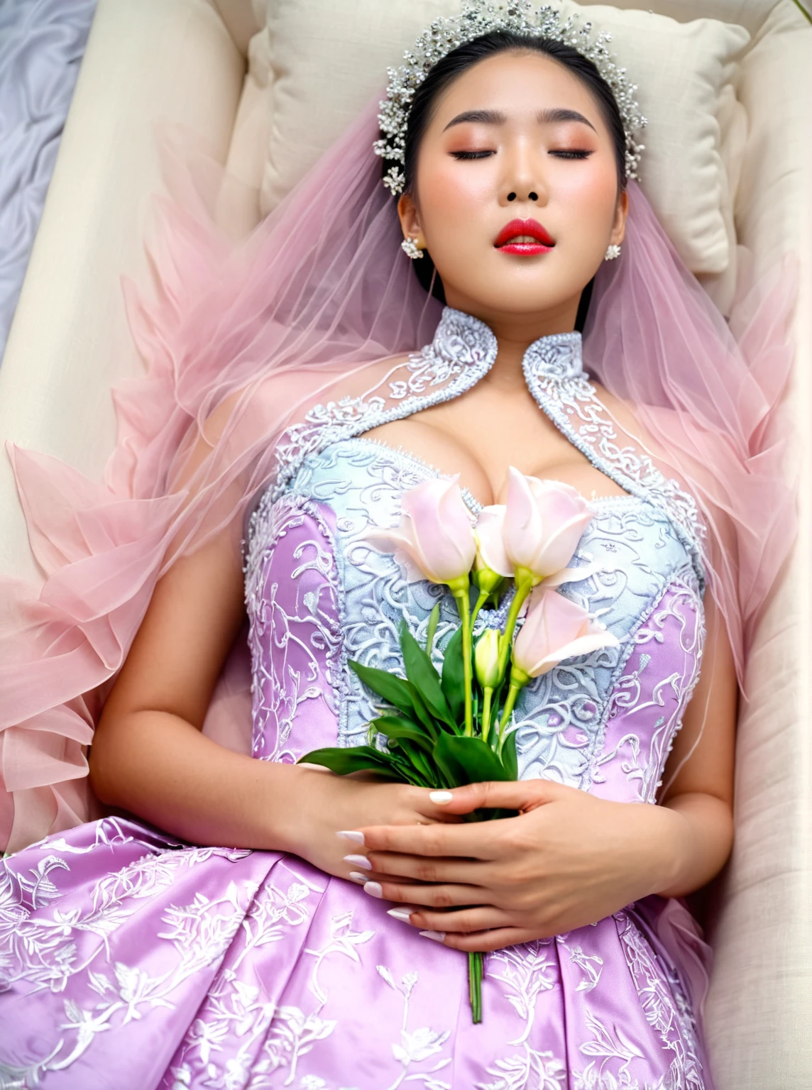 In a striking 8K HDR scene, a stunning Korean woman, 22 years old, lies peacefully in a long coffin and coffin lid beside the dead body. surrounded by plush pillows behind head. The deep box is set against a rich white background, accentuating the beauty of the subject. Her exquisite deep-V neckline kebaya attire is embroidered with superb detail, showcasing her round and firm breasts, perfect cleavage, and beautiful eyebrows. Her closed eyes and mouth give an air of serenity, while her visible and absolute cleavage leave nothing to imagination. The scene is bathed in saturated colors, highlighting every intricate aspect from the ball skirt to her clean face, straight body, detailed hand perfect hands, straight body, own hands together, own hand on stomach, detailed hands, perfect hands, holding the flowers