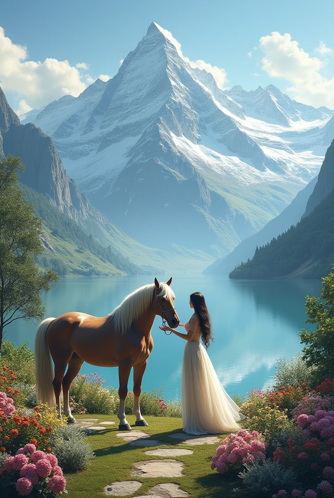 Create an image of a great landscape with imposing snow-capped mountains, a big lake and some beautiful horses, a path filled with a garden of flowers and a beautiful woman petting a horse