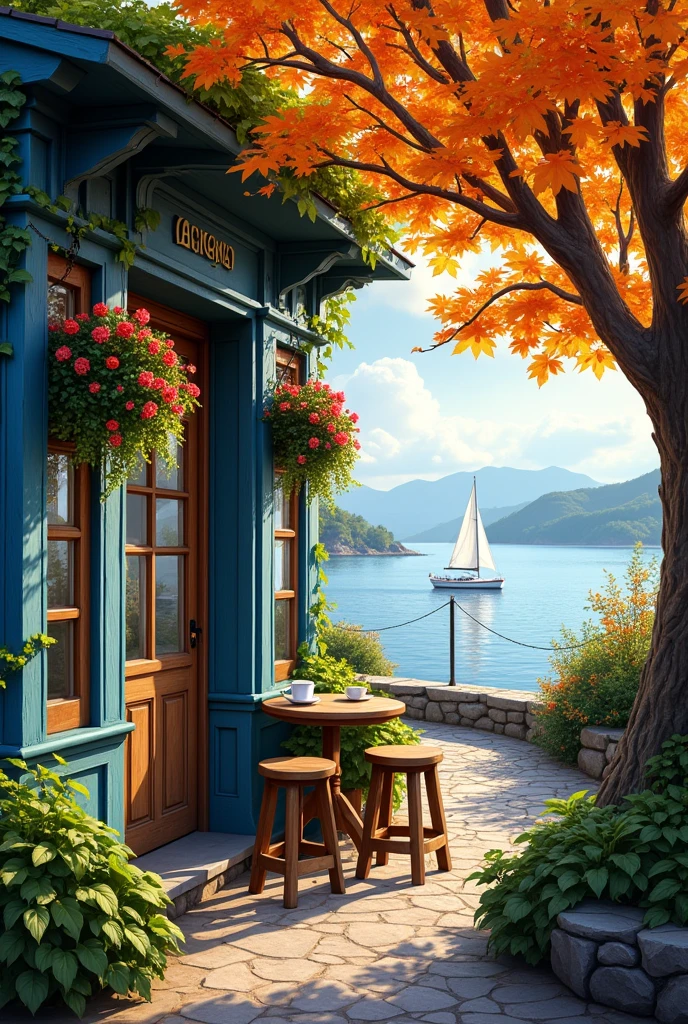 A cozy, charming café with an inviting atmosphere. The café has a blue exterior with a rustic wooden door and large windows displaying the interior. The building is surrounded by lush greenery, including plants growing up the walls and hanging flower baskets filled with colorful blooms. There is a small outdoor seating area with a round table and wooden stools, with two cups of coffee placed on the table. The scene is set during autumn, with vibrant orange and yellow leaves on the trees that arch over the café, creating a warm and welcoming ambiance. In the background, there is a serene lakeside view with a distant sailboat, under a partly cloudy sky. The lighting is soft, with shadows adding depth to the scene, making it feel peaceful and inviting.