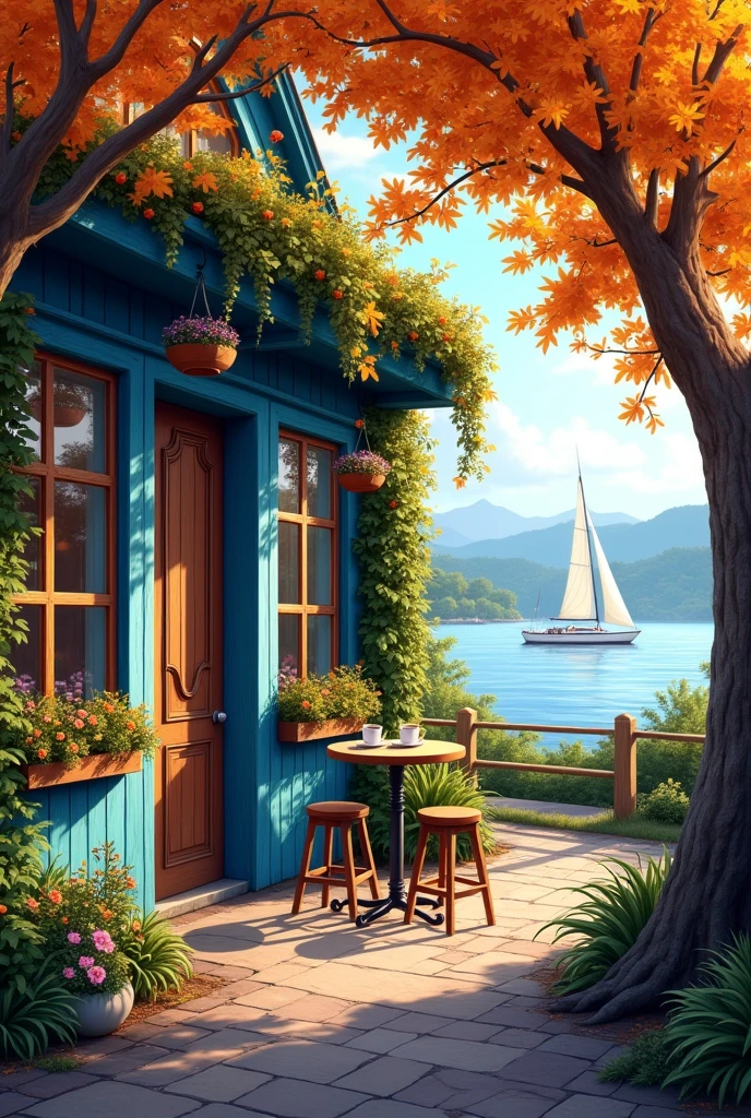 A cozy, charming café with an inviting atmosphere. The café has a blue exterior with a rustic wooden door and large windows displaying the interior. The building is surrounded by lush greenery, including plants growing up the walls and hanging flower baskets filled with colorful blooms. There is a small outdoor seating area with a round table and wooden stools, with two cups of coffee placed on the table. The scene is set during autumn, with vibrant orange and yellow leaves on the trees that arch over the café, creating a warm and welcoming ambiance. In the background, there is a serene lakeside view with a distant sailboat, under a partly cloudy sky. The lighting is soft, with shadows adding depth to the scene, making it feel peaceful and inviting.