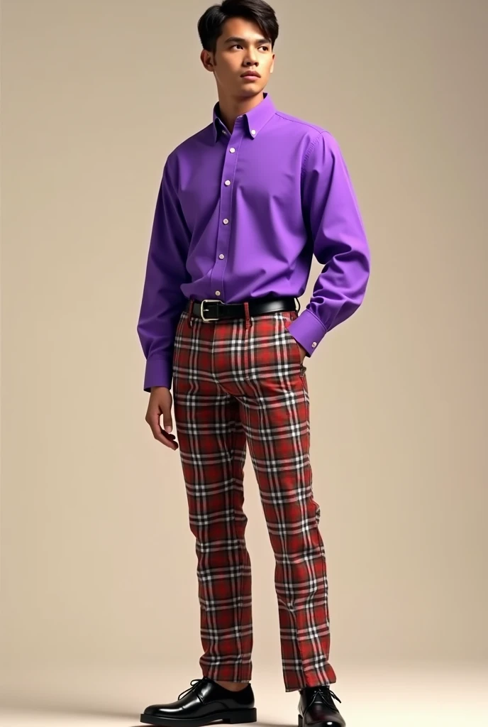 Draw a man with a purple shirt that has a double cufflink.,  and the young man, with medium-sized plaid pants and black shoes
