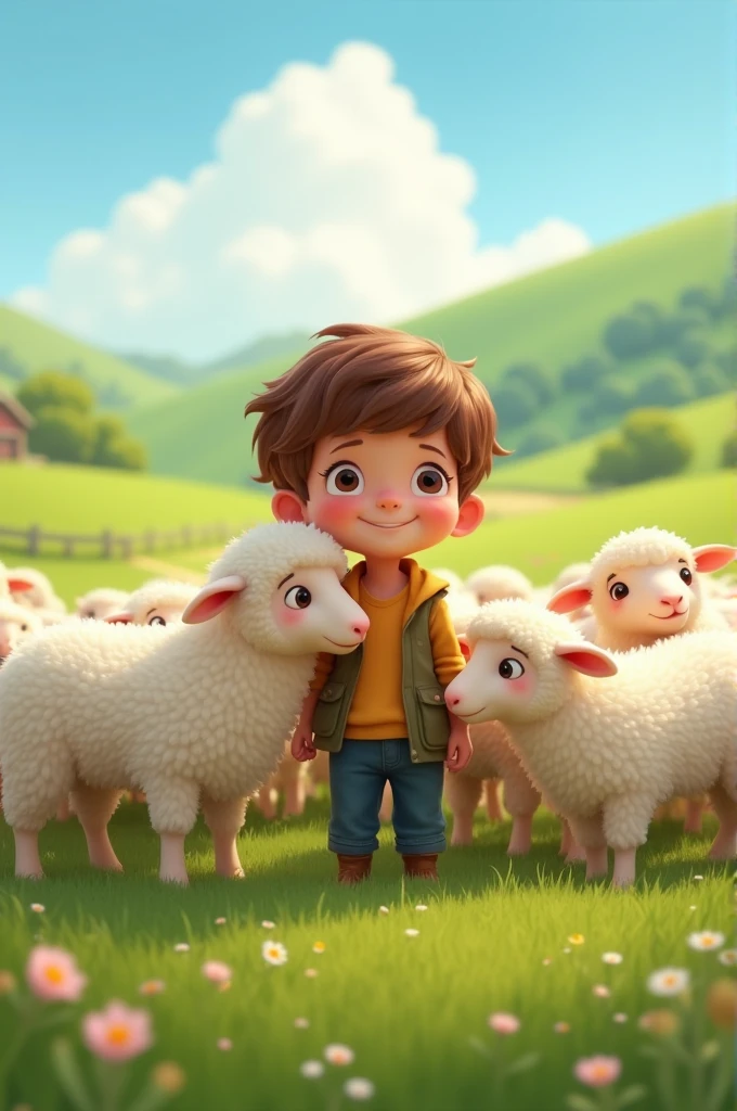 An image of a boy in the green field, surrounded by his cute little sheep.