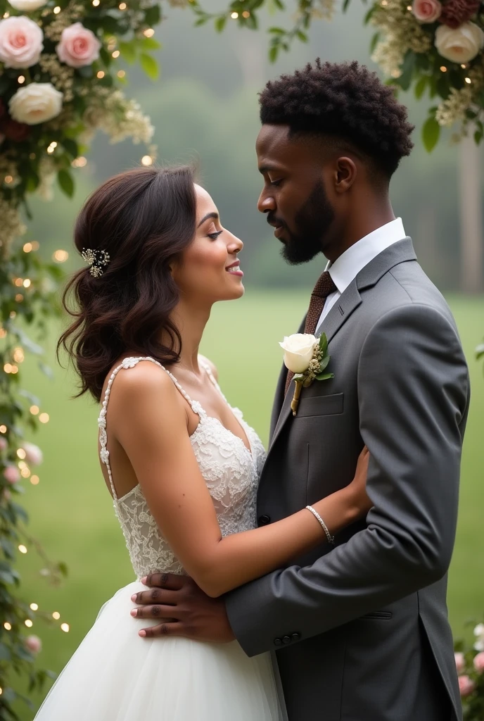 Bride and groom.grrom is wearing white blazer black shirt and trouser. bride wearing white tight frock. They are in wooden and grass out door event like robinhood sherwood place.groom is choclat colour. Bride is white