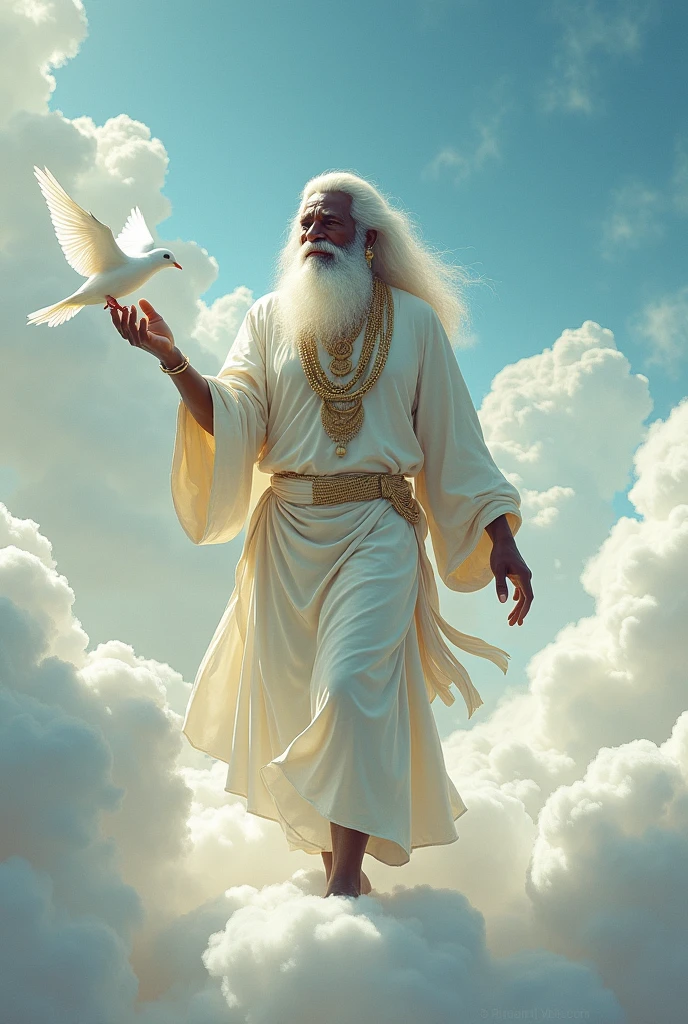 Orisha Black Man, elder, white bearded, Walking on clouds, White tunic, white necklaces, holding a white dove in his hand
