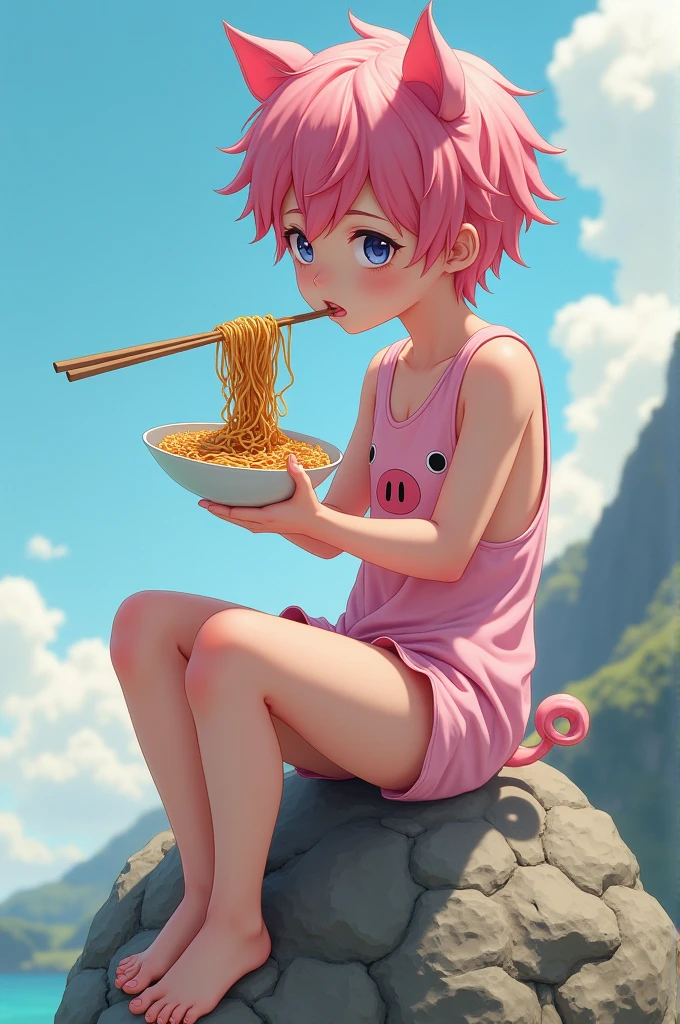 Beautiful boy with pink hair, wearing a rather sloppy piggy cosplay swimsuit, delicate and clear face and facial features, highly detailed, 8K, riding on a rock eating soba, a yaoi anime masterpiece