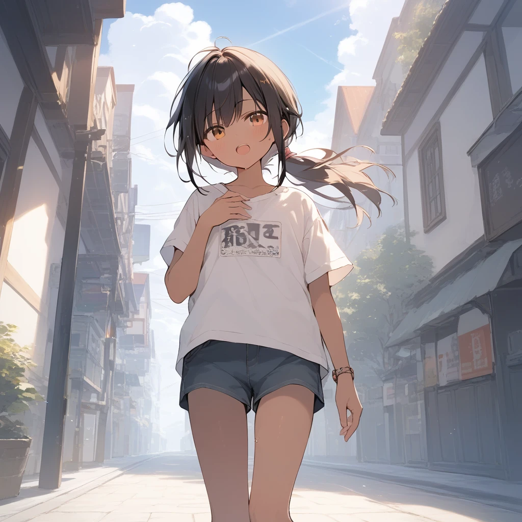 score_9, score_8_up, score_7_up, source_anime, best quality, masterpiece, official art, absurdres, highres, ultra-detailed,waifu2x,Collection: Slice of Life,break,1girl, tomboy, dark-skinned female, short hair, low ponytail, flat chest, groin, beautiful detailed eyes, shorts, sweat, open mouth, (yawn:0.3), sleepily, outdoors, wind,break,(clear line illustration:1.2), super detailed skin,very high resolution, very aesthetic, Best sexual lighting powered by famous artist, 4k, 8k, 16k, cute picture,beauty illustration,photoshop_(medium),,(Detailed Lighting),best anime 8k konachan wallpaper, pixiv contest winner,