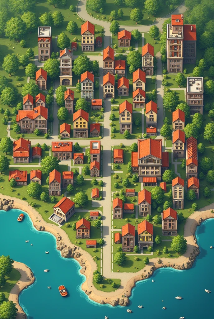 I NEED A MAP OF A CITY CALLED “Ashwood City” which is a vibrant and cultural city, with a rich historical and architectural heritage and is surrounded by a river. 
This city is surrounded by neighborhoods, which are called:
Barrio 1 – “Willow Creek”: an apartment is found, near the university campus, with views of the park. And other similar houses and buildings. 
Barrio 2 – “Sowntown”: There are several modern and minimalist lofts, close to the best restaurants and bars in the city. 
Barrio 3 – “Oakwood Hills”: the best mansions are found, with spacious gardens and stunning views of the city. 
Barrio 4 – “Arts District”: There are shared residences, with shared apartments, Full of color and energy, with small rooftop gardens.
They are also found: 
University - "Revenhurst University": private university located in the city center, known for its arts program, music and literature.
The Cozy Cupcake: a cozy cafe on the university campus. 
The Raven's Nest: an underground bar in the neighborhood of "downtown".
The secret garden: a hidden place on the university campus.

