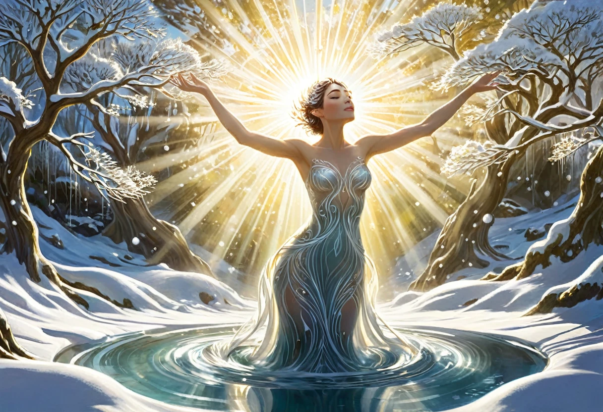 snow animated woman living gracefully in the warm springs of Gaia embracing the sunlight flowing through the branches