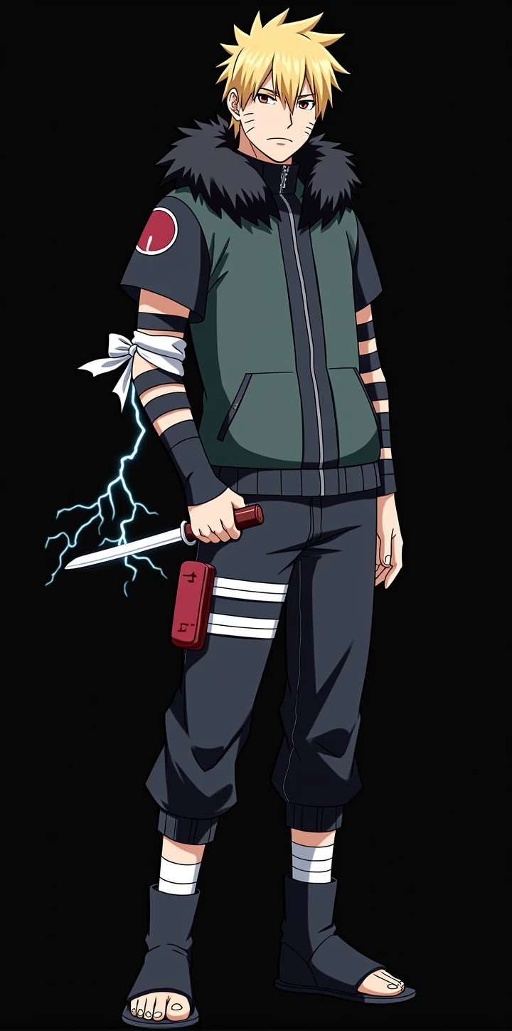 Whole body, masculine, Naruto Style, short blonde hair, dark blue jacket, black bandages on his arms, attractive, brown slanted eyes, hood with black polar fur, bandana tied on bicep, kunai in hand, lightning coming out of his hand, anime, 4k, White background