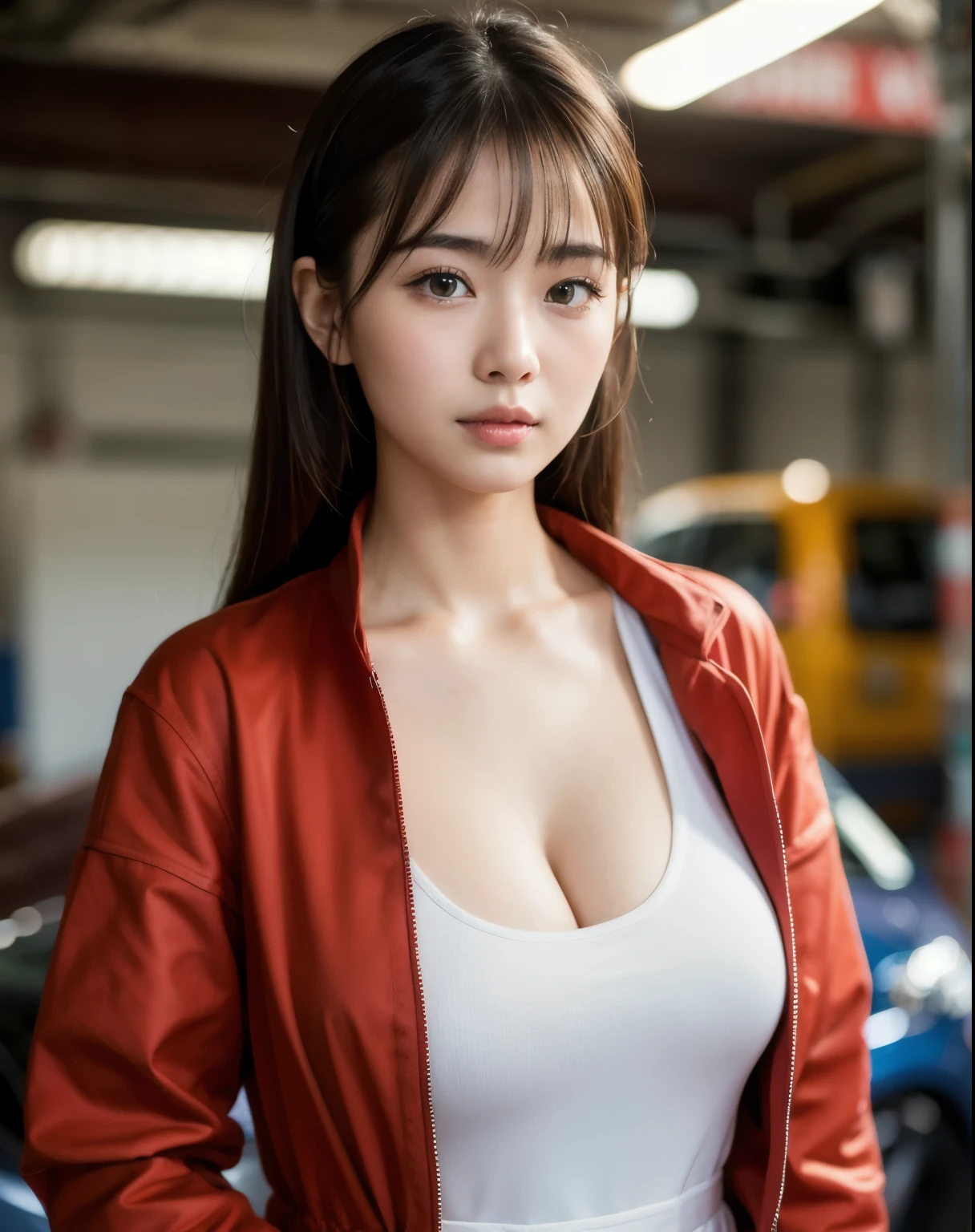 You are a professional photographer。masterpiece、８K、Highest quality, Soft Light, Ultra-high resolution, (Realistic:1.4), RAW Photos,24 years old Japanese girl, alone, cute, (pupil, Light in your eyes),  Beautiful face in every detail, (Small box),(High resolution detail of human skin texture),Cleavage Auto Repair Shop、mechanic、Work Style、Wearing a jumpsuit、Wear long-sleeved work clothes、Roll up your sleeves、Car maintenance、Accurate background
、(Portraiture)